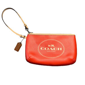Coach New York Coral Orange Saffiano Wristlet Zip Pouch Horse Carriage Logo 8"